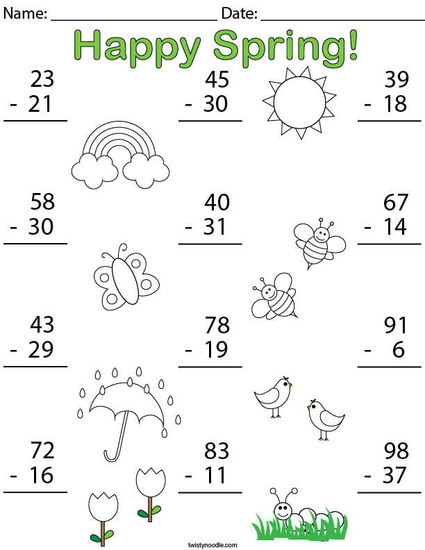 Spring double digit subtraction math worksheet twisty noodle